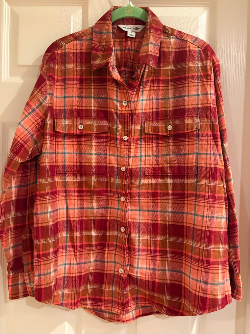 Old Navy Red and Orange Plaid Boyfriend Button-Down Flannel Shirt-Medium